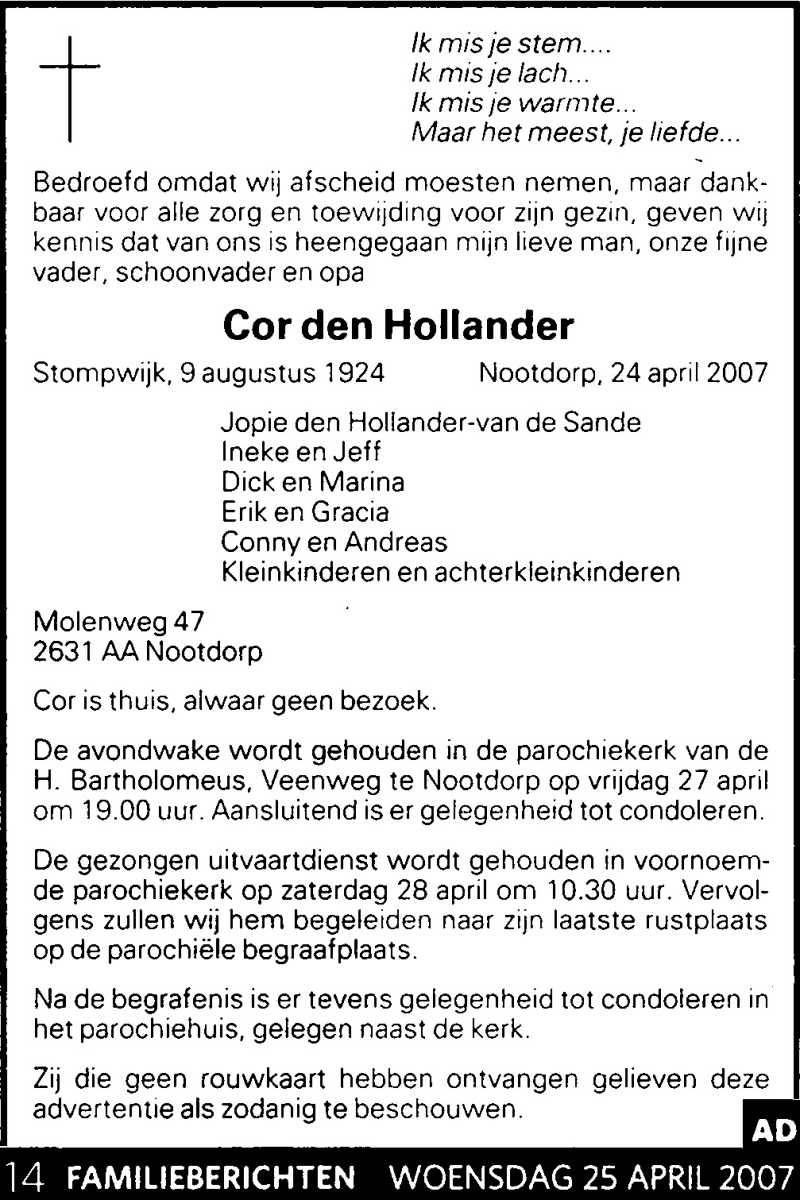 Rouwadvertentie Cor den Hollander